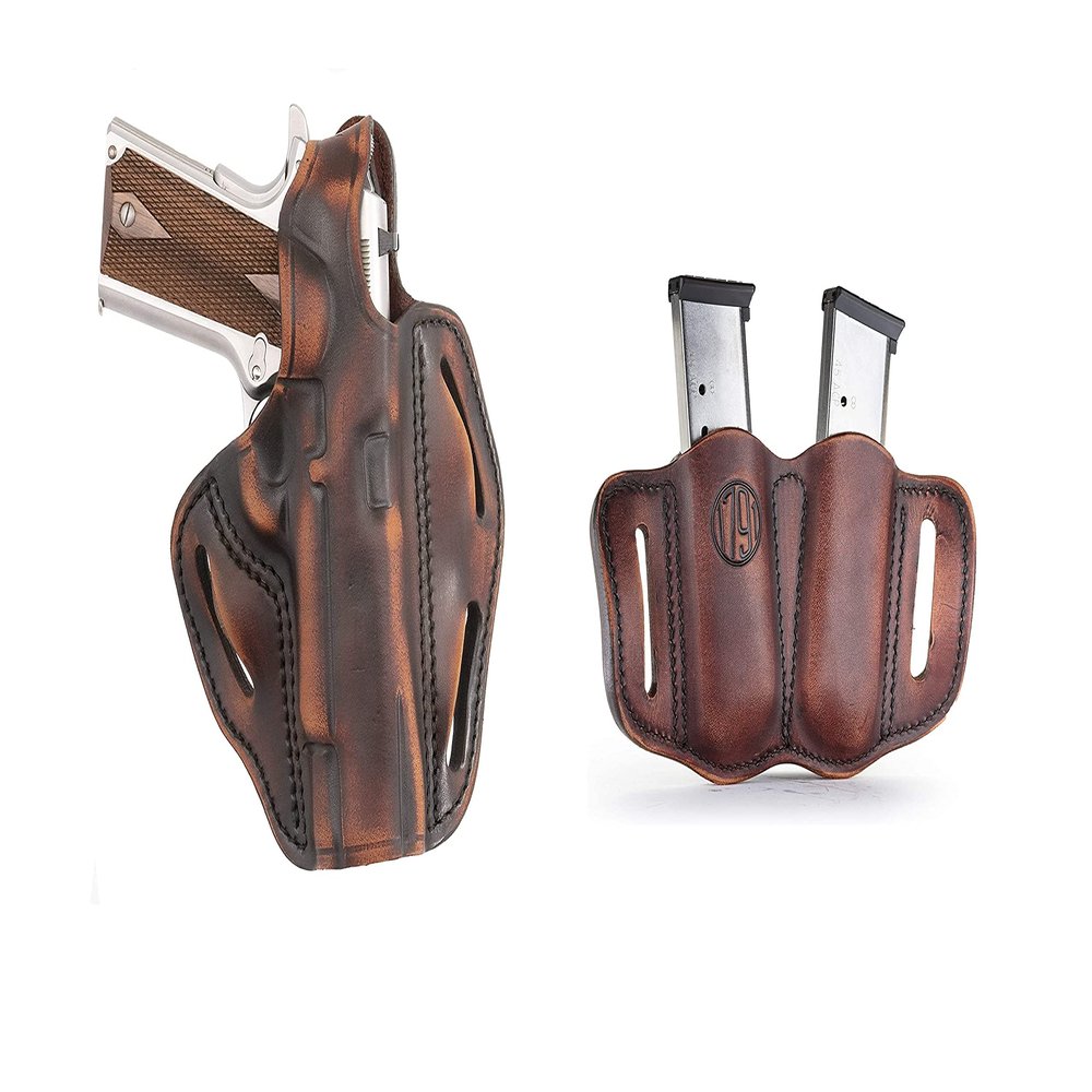 1791 Gunleather 1911 Holster and Mag Pouch Bundle - Right Handed OWB Leather Gun Holster Cocked & Locked and Mag Holster - Vintage