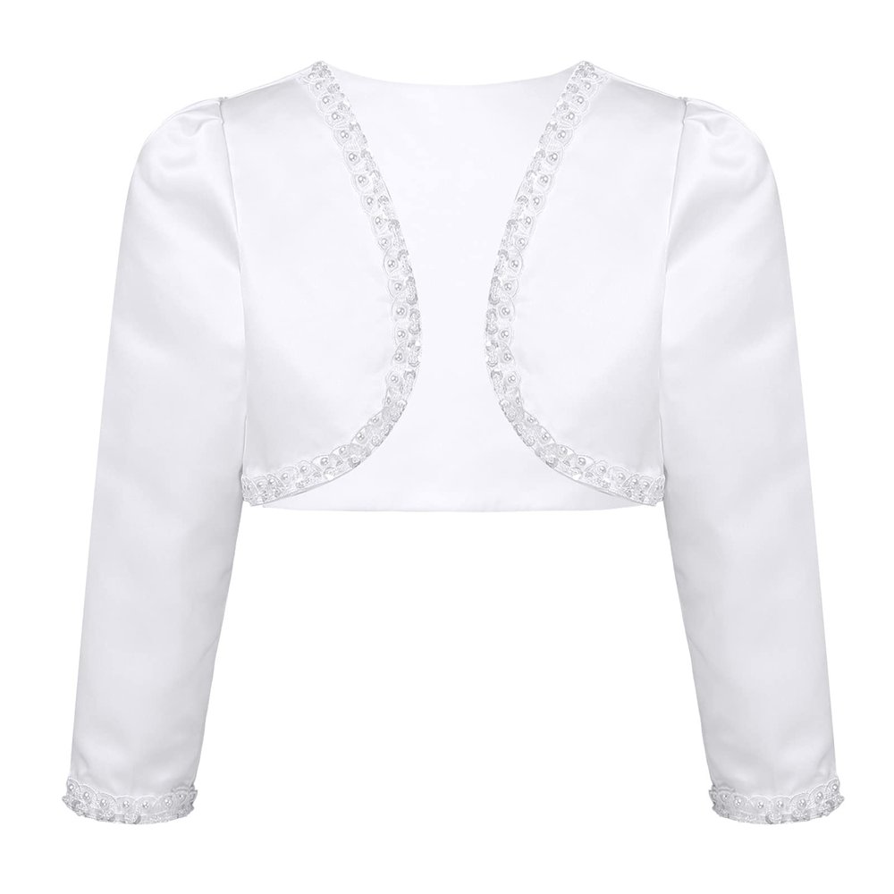 Duoremi Girls Satin Long Sleeve Cardigan Flower Open Front Lace Wedding Bridesmaid Dress Cover Up D1 Pearl White 12 Years