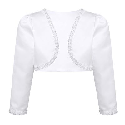 Duoremi Girls Satin Long Sleeve Cardigan Flower Open Front Lace Wedding Bridesmaid Dress Cover Up D1 Pearl White 6 Years