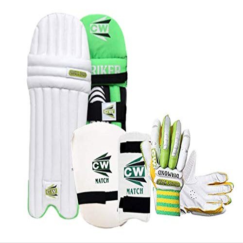 CW MAX Cricket Kit for Small Boys Cricket Practice Gear Batting Practice Equipment Elbow Guard Youth Thigh Pad Adult Batting Gloves Men's Batting Legguards Full Set Left & Right (Green Boys)