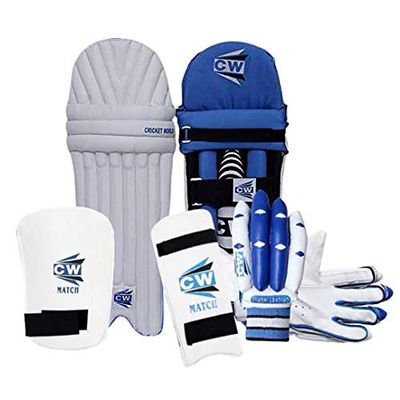 CW MAX Cricket Kit for Small Boys Cricket Practice Gear Batting Practice Equipment Elbow Guard Youth Thigh Pad Adult Batting Gloves Men's Batting Legguards Full Set Left & Right (Blue Youth)