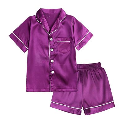 MYGBCPJS 2Pcs Boys Girls Satin Pajamas Set Button-Down Classic Silk Pjs Sleepwear Short Sleeve Top+Shorts Loungewear