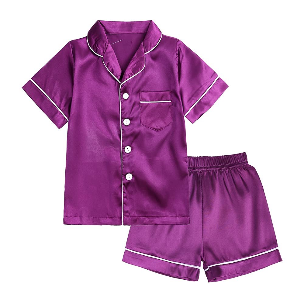 MYGBCPJS 2Pcs Boys Girls Satin Pajamas Set Button-Down Classic Silk Pjs Sleepwear Short Sleeve Top+Shorts Loungewear