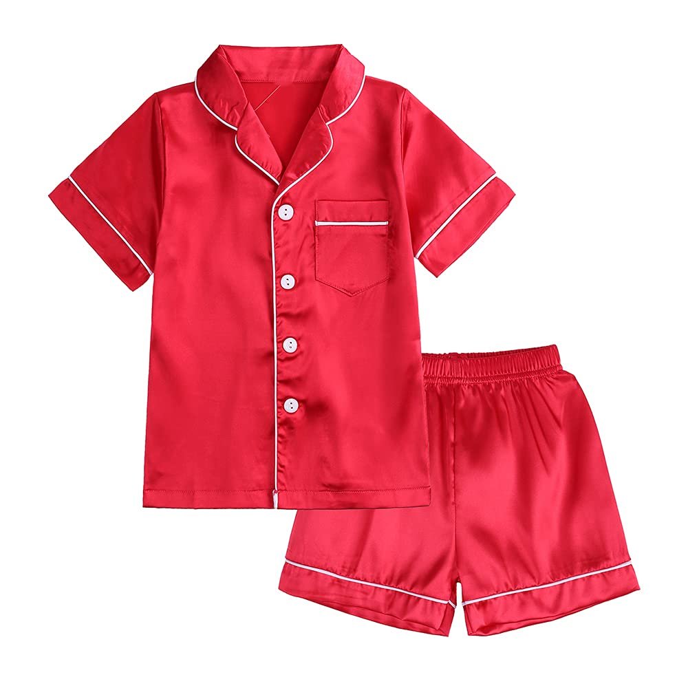 MYGBCPJS 2Pcs Boys Girls Satin Pajamas Set Button-Down Classic Silk Pjs Sleepwear Short Sleeve Top+Shorts Loungewear