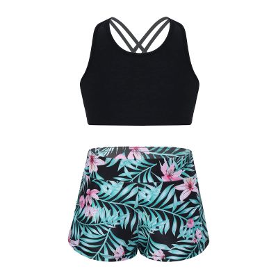 iiniim Kids Girls Criss Criss 2 Piece Tankini Swimsuits Boyshorts Bathing Suits Sport Athletic Dance Outfit Black&Green 14