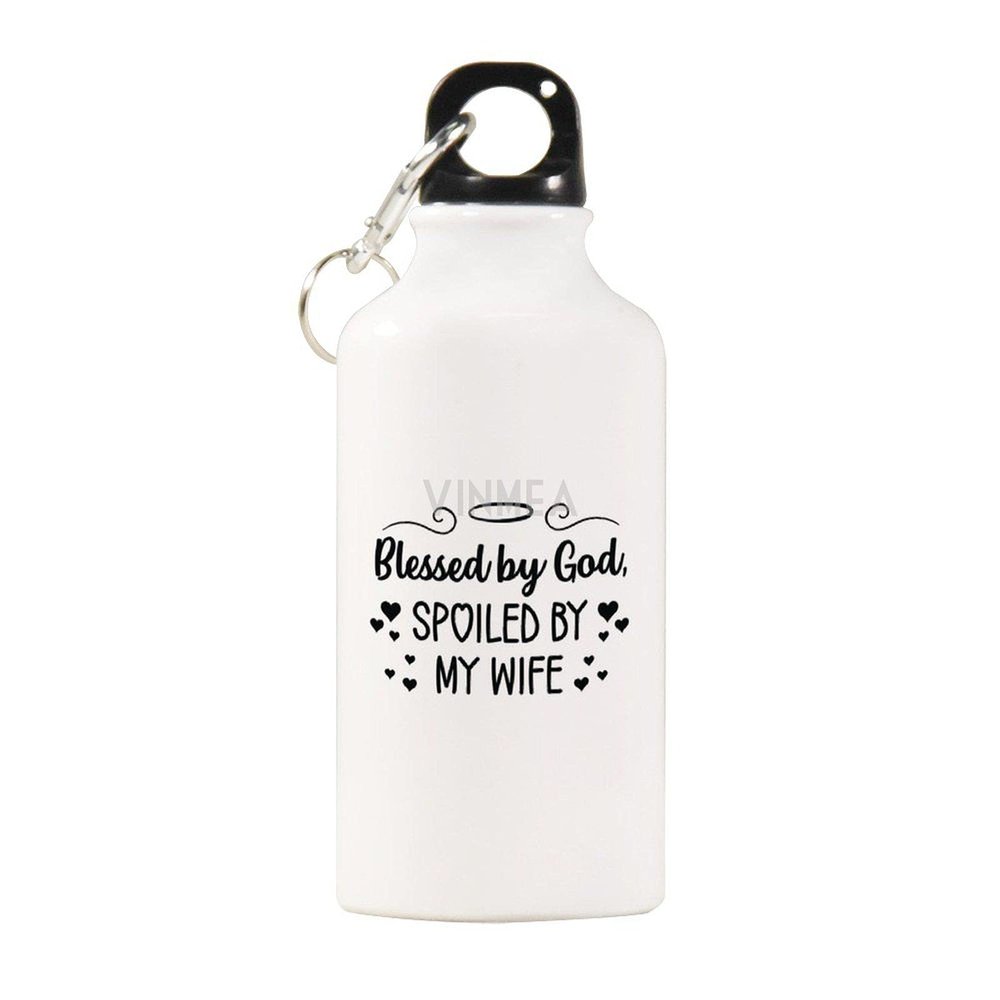 VinMea Funny Stainless Steel Sports Water Bottle Blessed by God Spoiled by My Wife Insulated Sports Water Bottle with Carabiner Clip, 20 Oz, White