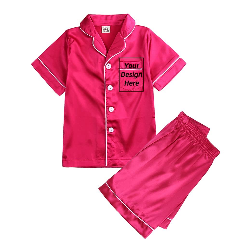 Kids Tales 2Pcs Boys Girls Custom Personalized Satin Pajamas Silk Loungewear Short Sleeve Tops + Shorts Add Your Own Text Design PJS