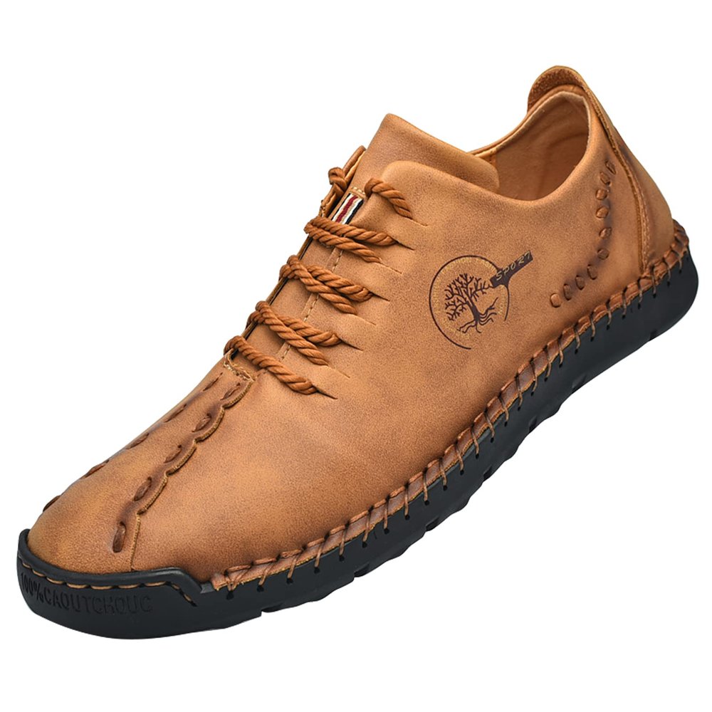 Asifn Mens Outdoor Casual Leather Sneakers Lightweight Athletic Loafers Fashion Walking Slip-on Shoes 10.5 Yellow,10.83" Heel to Toe