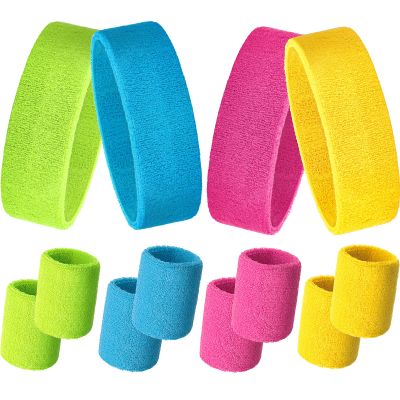 12 Pcs Sweatbands Set Neon Colors Headbands and Wristbands for Men Women Moisture Wicking Sweat Absorbing Workout Cotton Headbands 80s 90s Party(Rose Red, Fluorescent Yellow, Sky Blue, Light Yellow)