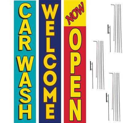 COBB PROMO Three Car Wash Welcome Now Open Advertising Rectangle Boomer Feather Flags Complete Kits with Three Flag Poles and Three Ground Spikes Blue Red Yellow