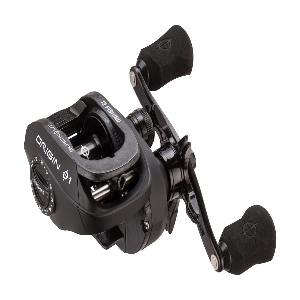 13 Fishing - Origin O1 Blackout Baitcast Reel - 7.3:1 Gear Ratio - Left Hand Retrieve (100 Size) (Fresh) - OBO1-7.3-LH-CP