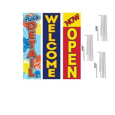 COBB PROMO Welcome Auto Detail Now Open Advertising Rectangle Boomer Feather Flags Complete Kits with Three Flag Poles and Three Ground Spikes Yellow Red Blue