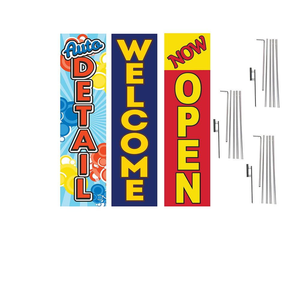 COBB PROMO Welcome Auto Detail Now Open Advertising Rectangle Boomer Feather Flags Complete Kits with Three Flag Poles and Three Ground Spikes Yellow Red Blue