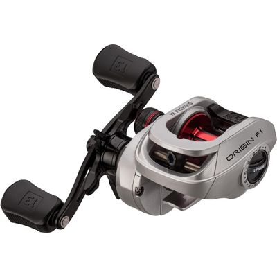 13 Fishing - Origin F1 Baitcast Reel - 6.6:1 Gear Ratio - Left Hand Retrieve (100 Size) (Fresh) - OF1-6.6-LH,Silver/Black/Red