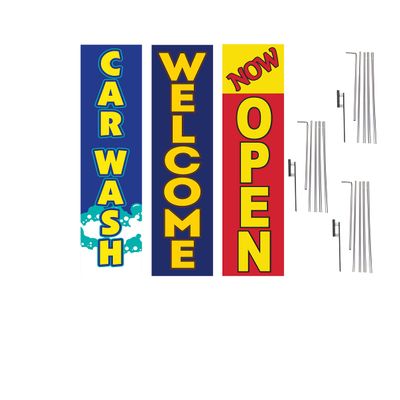 COBB PROMO Three Car Wash Welcome Now Open Advertising Rectangle Boomer Feather Flags Complete Kits with Three Flag Poles and Three Ground Spikes Yellow Text Red Blue