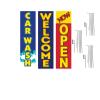 COBB PROMO Three Car Wash Welcome Now Open Advertising Rectangle Boomer Feather Flags Complete Kits with Three Flag Poles and Three Ground Spikes Yellow Text Red Blue view 1