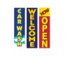 COBB PROMO Three Car Wash Welcome Now Open Advertising Rectangle Boomer Feather Flags Complete Kits with Three Flag Poles and Three Ground Spikes Yellow Text Red Blue view 2