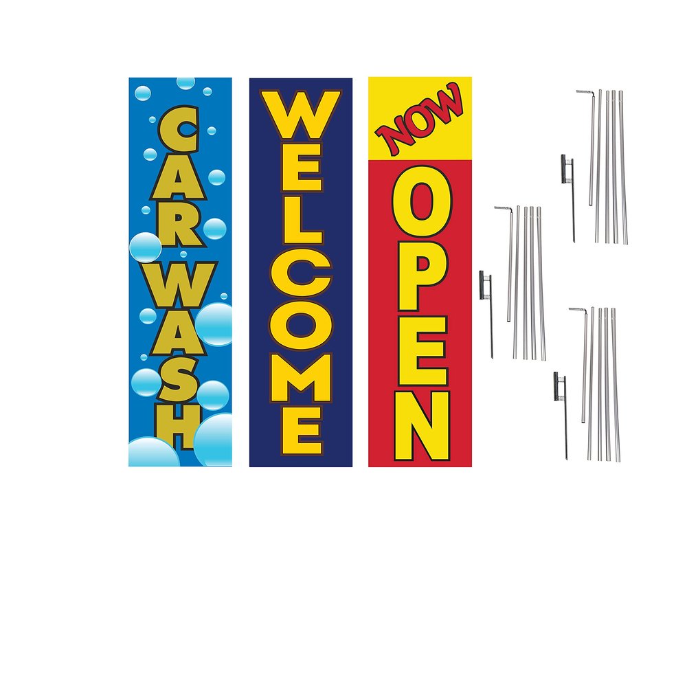 COBB PROMO Three Car Wash Welcome Now Open Advertising Rectangle Boomer Feather Flags Complete Kits with Three Flag Poles and Three Ground Spikes