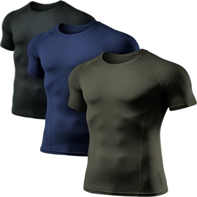 ATHLIO Men's Cool Dry Short Sleeve Compression Shirts, Sports Baselayer T-Shirts Tops, Athletic Workout Shirt, 3pack Black/Navy/Hunter Green, Large