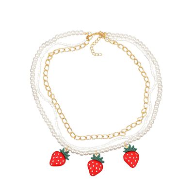 Multilayer Fruit Strawberry Pineapple Pendant Pearl Choker Colorful Beads Flowers Necklace Party Cute Women Bohemia Handmade Jewelry-strawberry