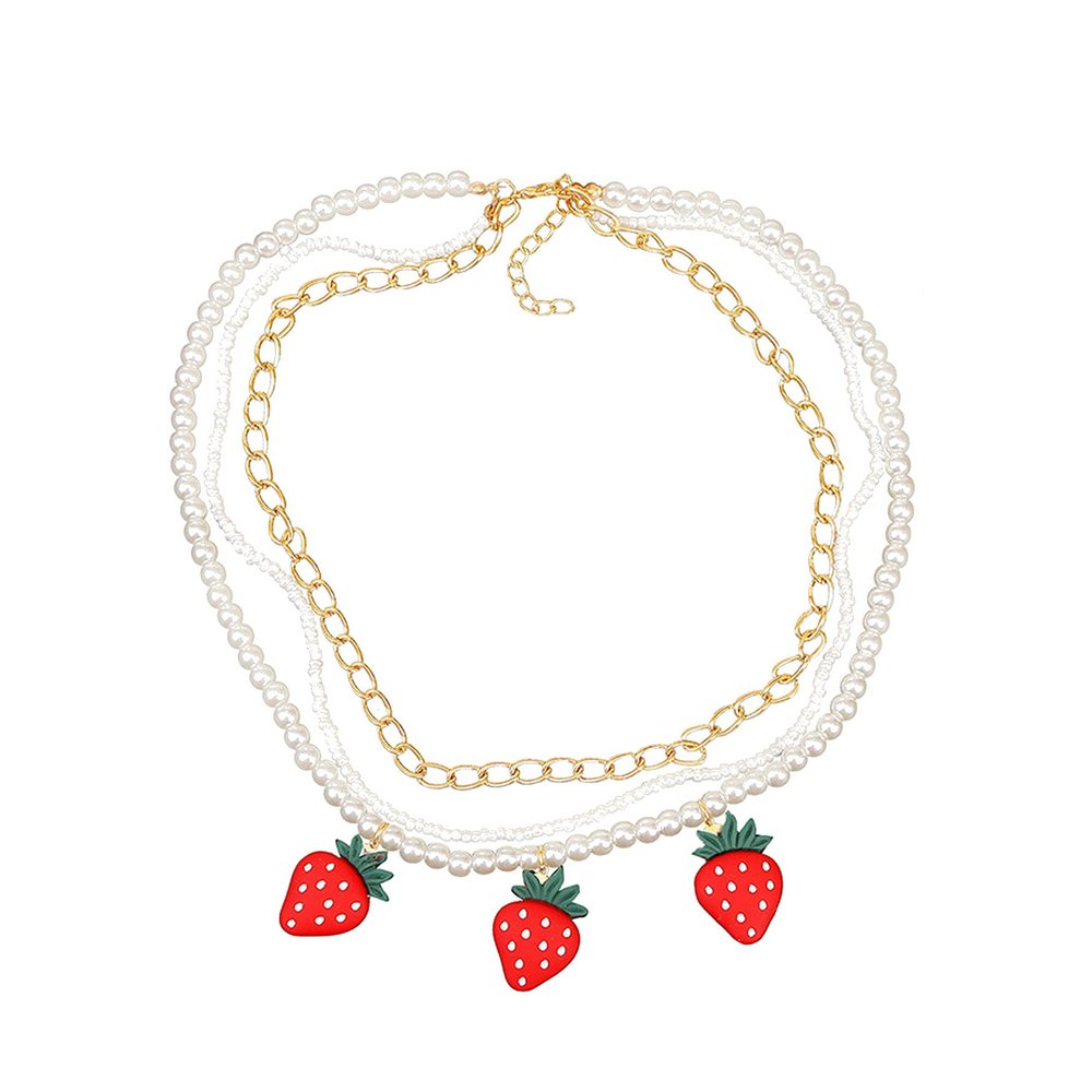 Multilayer Fruit Strawberry Pineapple Pendant Pearl Choker Colorful Beads Flowers Necklace Party Cute Women Bohemia Handmade Jewelry-strawberry