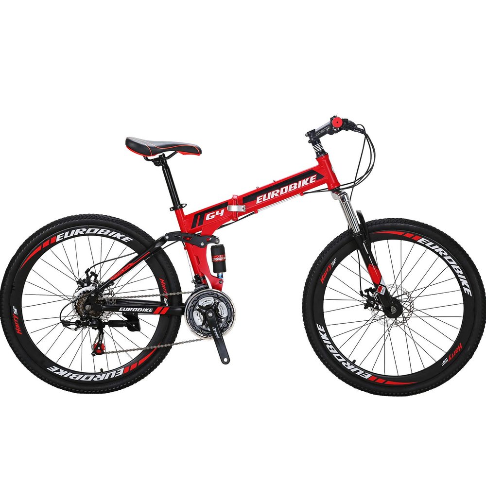 EUROBIKE Folding Bike,26 Inch Full Suspension Folding Mountain Bike,Dual Disc Brake 21 Speed Bicycle for Adults Men or Women (Red Aluminium Rims)
