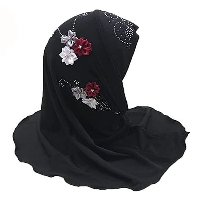 Muslim Hijab Head Scarf Ice Silk Headwear Floral Kids Amira Hijab Islamic Head Wrap for Age 2-6 Years Girls (black (6 flowers))