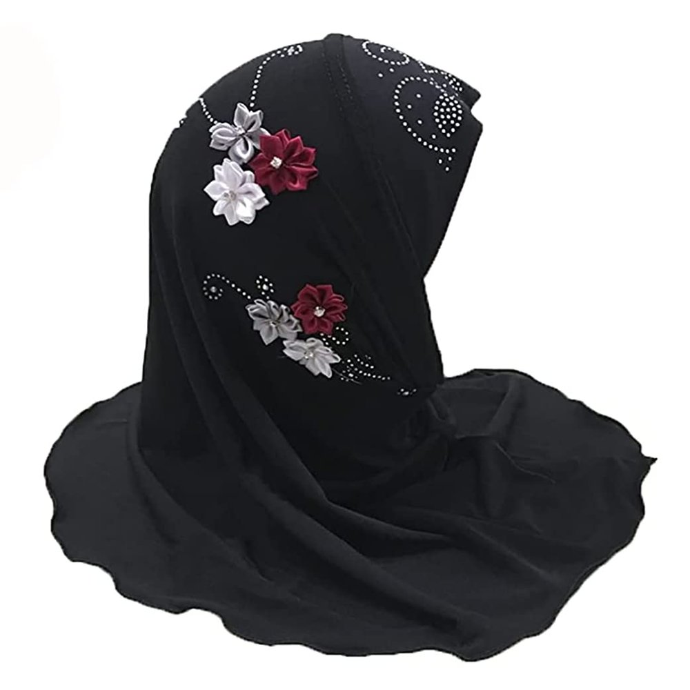 Muslim Hijab Head Scarf Ice Silk Headwear Floral Kids Amira Hijab Islamic Head Wrap for Age 2-6 Years Girls (black (6 flowers))
