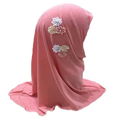 Muslim Hijab Head Scarf Ice Silk Headwear Floral Kids Amira Hijab Islamic Head Wrap for Age 2-6 Years Girls (pink (6 flowers))
