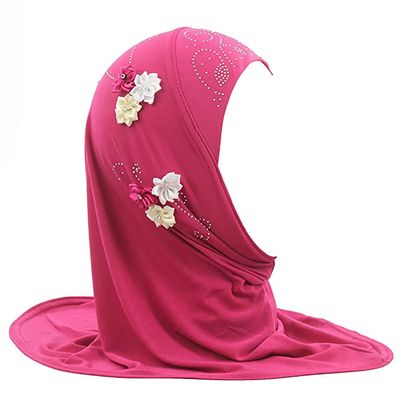 Muslim Hijab Head Scarf Ice Silk Headwear Floral Kids Amira Hijab Islamic Head Wrap for Age 2-6 Years Girls (rosy (6 flowers))