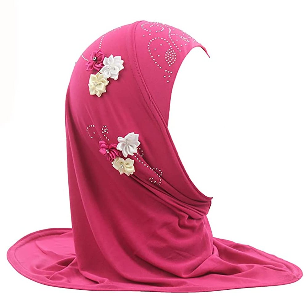 Muslim Hijab Head Scarf Ice Silk Headwear Floral Kids Amira Hijab Islamic Head Wrap for Age 2-6 Years Girls (rosy (6 flowers))
