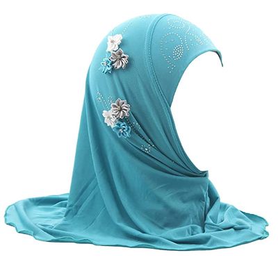 Muslim Hijab Head Scarf Ice Silk Headwear Floral Kids Amira Hijab Islamic Head Wrap for Age 2-6 Years Girls (green (6 flowers))