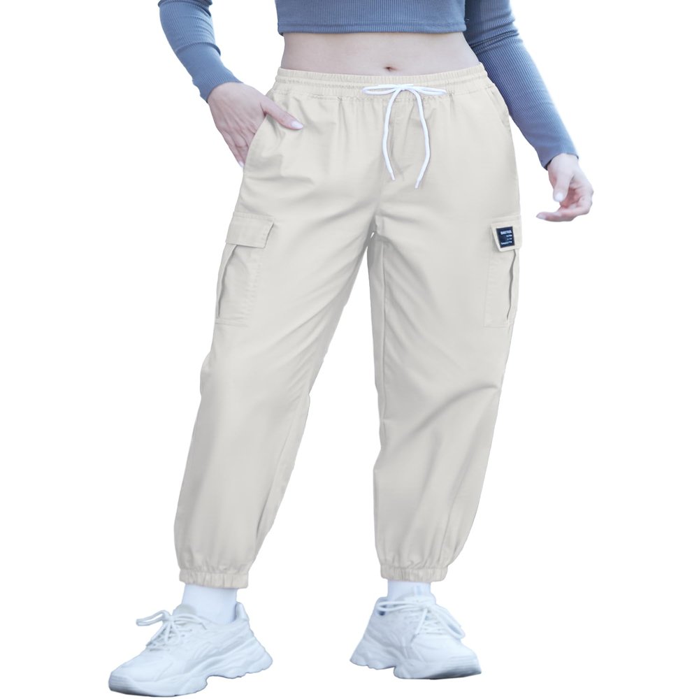 SANGTREE Girls Cargo Pants, Elastic Waist Drawstring Loose Tapered Multi Pockets Cargo Jogger Pants for Girl Beige, 7-8 Years Big Kid = Tag 140