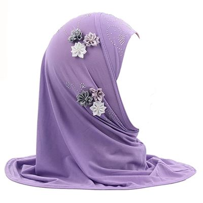 Muslim Hijab Head Scarf Ice Silk Headwear Floral Kids Amira Hijab Islamic Head Wrap for Age 2-6 Years Girls (purple (6 flowers))