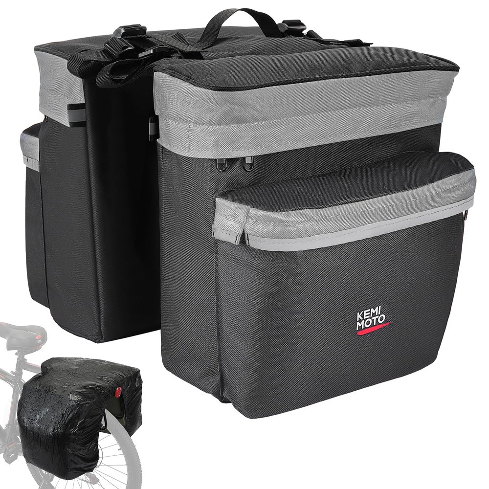KEMIMOTO Bike Bag Panniers with Rain Cover, 34L Waterproof Bicycle Saddle Bag for Rear Rack Mountain Biking Bags Storage, Ebike Accessories for Commuter Grocery Shopping Travel Carrier, Grey