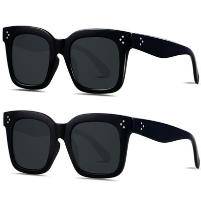 ANDWOOD Oversized Sunglasses for Women Big Large Square Wide Frame Shades Retro Trendy Fashion UV Protection 2 Pack Matte Black Sun glasses