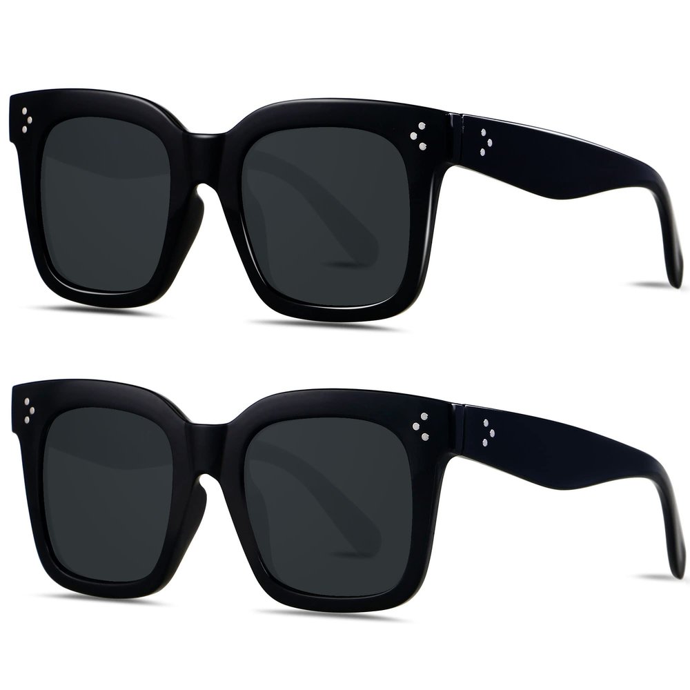 ANDWOOD Oversized Sunglasses for Women Big Large Square Wide Frame Shades Retro Trendy Fashion UV Protection 2 Pack Matte Black Sun glasses