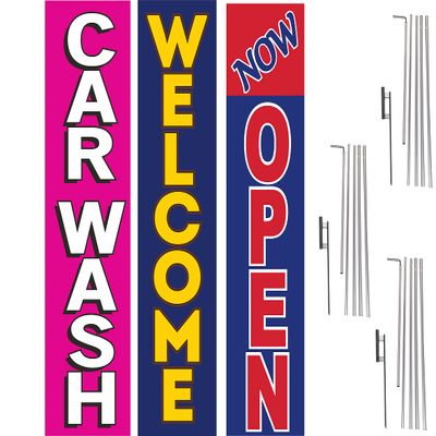 COBB PROMO Welcome Car Wash Now Open Advertising Rectangle Boomer Feather Flags Complete Kits with 3 Flag Poles and 3 Ground Spikes Pink Yellow Red
