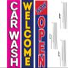 COBB PROMO Welcome Car Wash Now Open Advertising Rectangle Boomer Feather Flags Complete Kits with 3 Flag Poles and 3 Ground Spikes Pink Yellow Red view 1