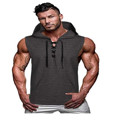 SOUGAO Mens Workout Tank Tops Kanga Pocket Sleeveless Hoodie Gym Bodybuilding Muscle T-Shirt Black XL