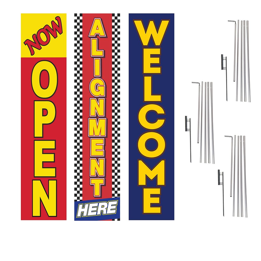 COBB PROMO Now Open Welcome Alignment Here Advertising Rectangle Boomer Feather Flags Sign Complete Kits with 3 Flag Poles and 3 Ground Spikes