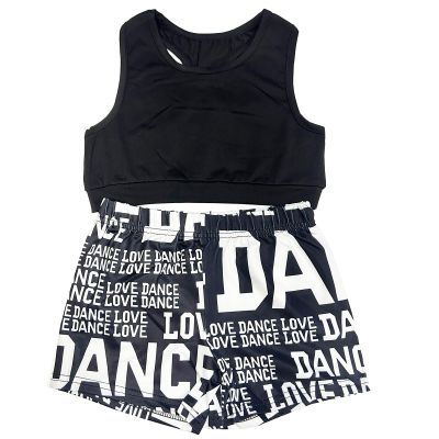 TAIKMD Little Big Girls 2-Piece Gymnastics Dance Outfit Racer Crop Top with Shorts Swimsuit Set (Black, 8-10)
