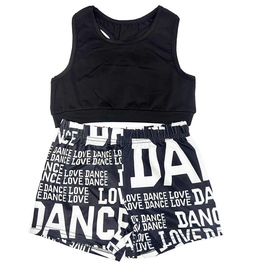 TAIKMD Little Big Girls 2-Piece Gymnastics Dance Outfit Racer Crop Top with Shorts Swimsuit Set (Black, 8-10)