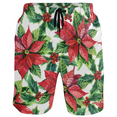 visesunny Men's Beach Short Swim Trunks Red Poinsettia Green Leaf Sports Running Bathing Suits with Mesh Lining