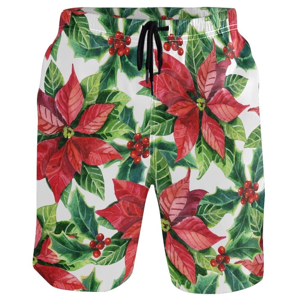 visesunny Men's Beach Short Swim Trunks Red Poinsettia Green Leaf Sports Running Bathing Suits with Mesh Lining
