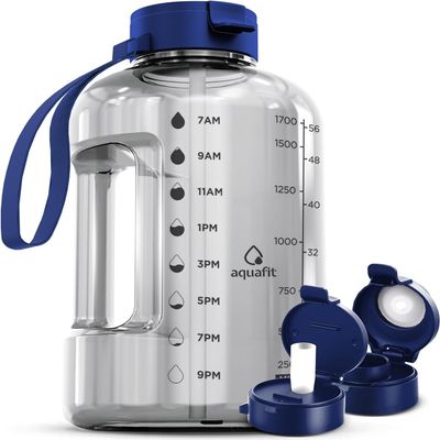 AQUAFIT 64 oz Water Bottle with Time Marker - Straw & Chug Lid - BPA Free Half Gallon Gym Water Bottle with Handle - Big Gallon Jug (Clarity, 64 Ounces)
