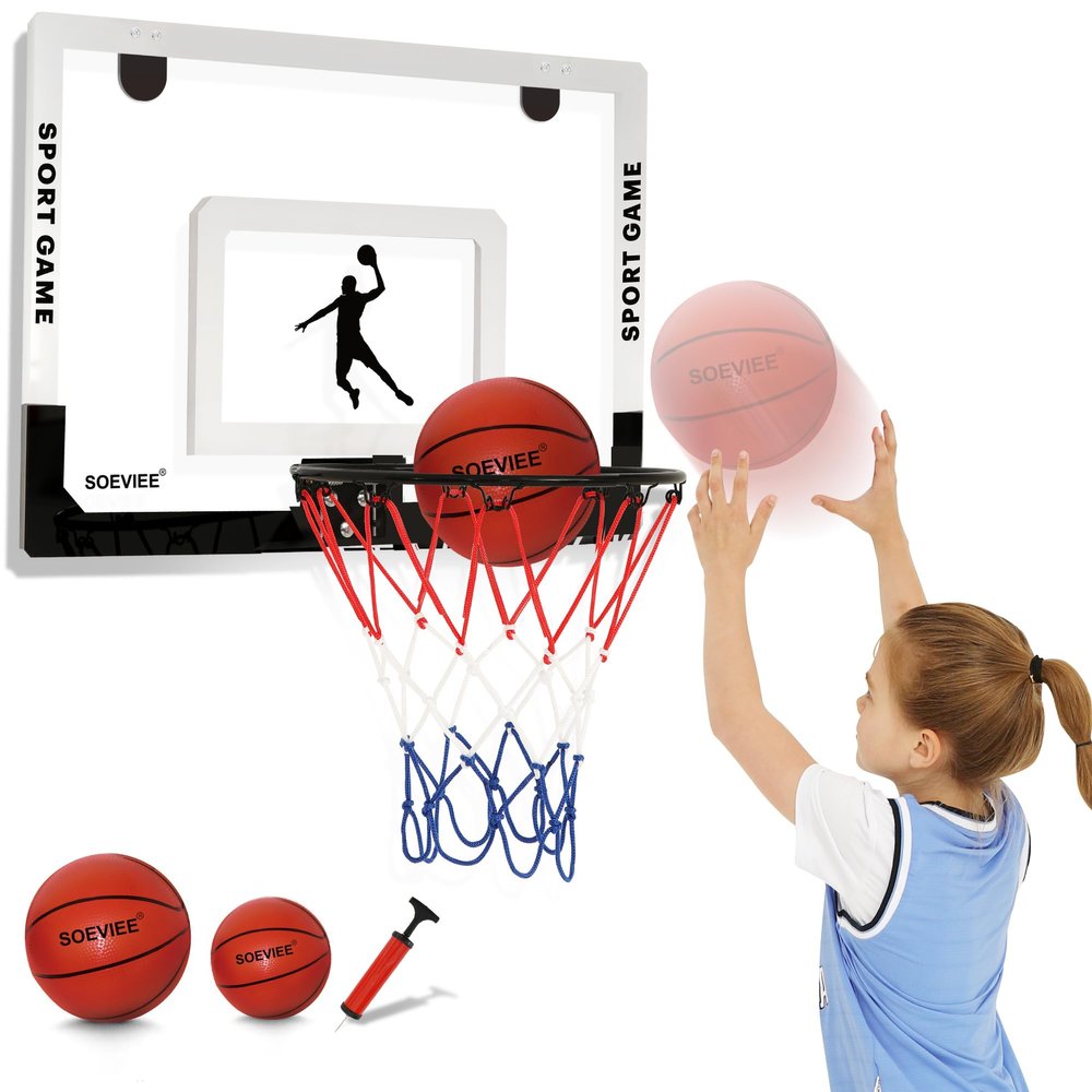 SOEVIEE Large Basketball Hoop Indoor for Kids & Adults - 23x16 Inch Board with Over Door/Wall Mount | Includes 3 Balls & 2 Nets | All-Ages for Christmas Birthday