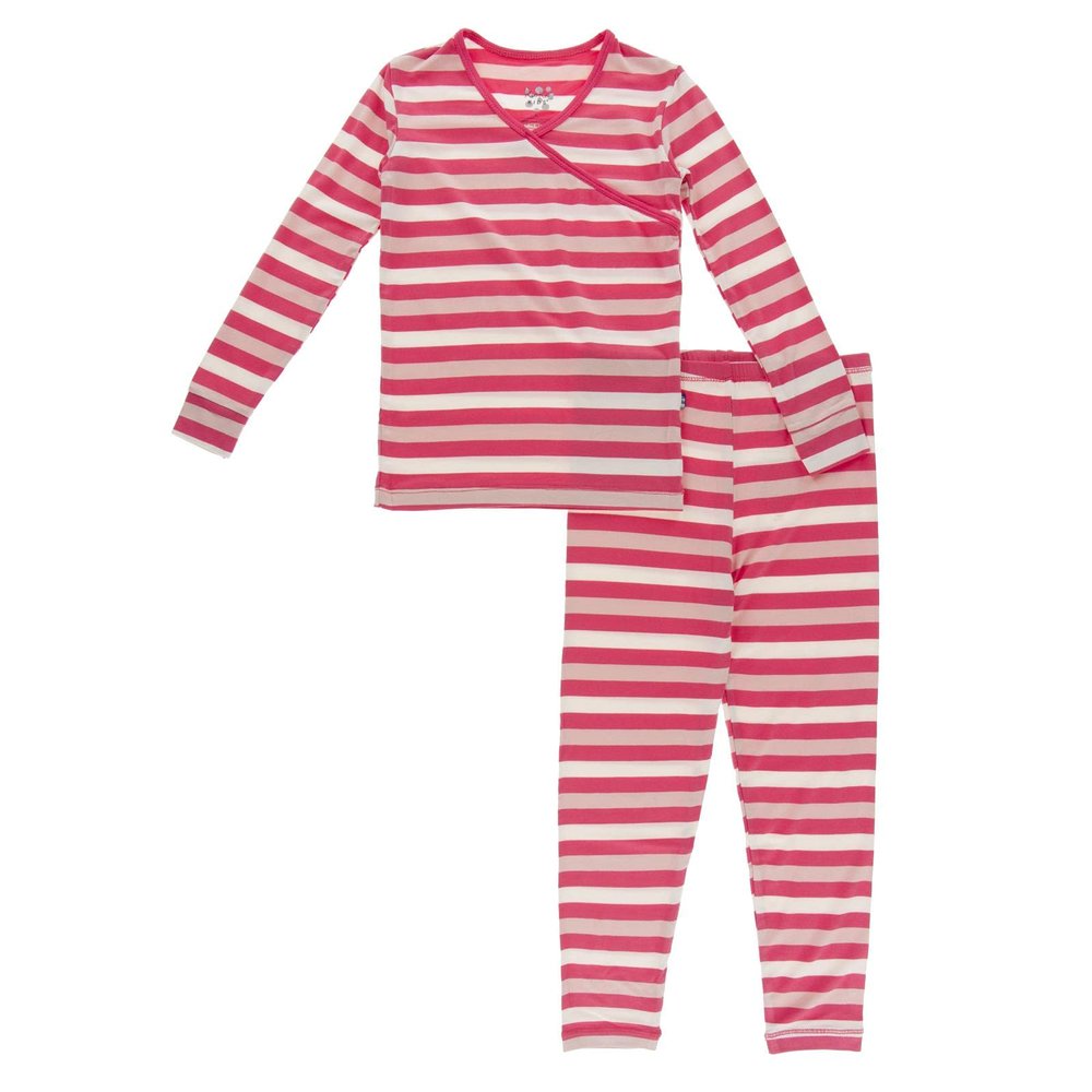 KicKee Pants Print Pajamas Set, Long Sleeve Kimono Style PJs, Ultra Soft and Snug Fitting (Hopscotch Stripe - 2T)