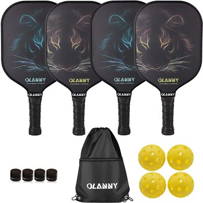 OLANNY Pickle Ball Raquette Set of 4 Lightweight Pickleball Paddle Set Premium Comfort Grip Polymer Honeycomb Core Set of Four Paddles,4 Replacement Soft Grip,4 Balls & Drawstring Bag