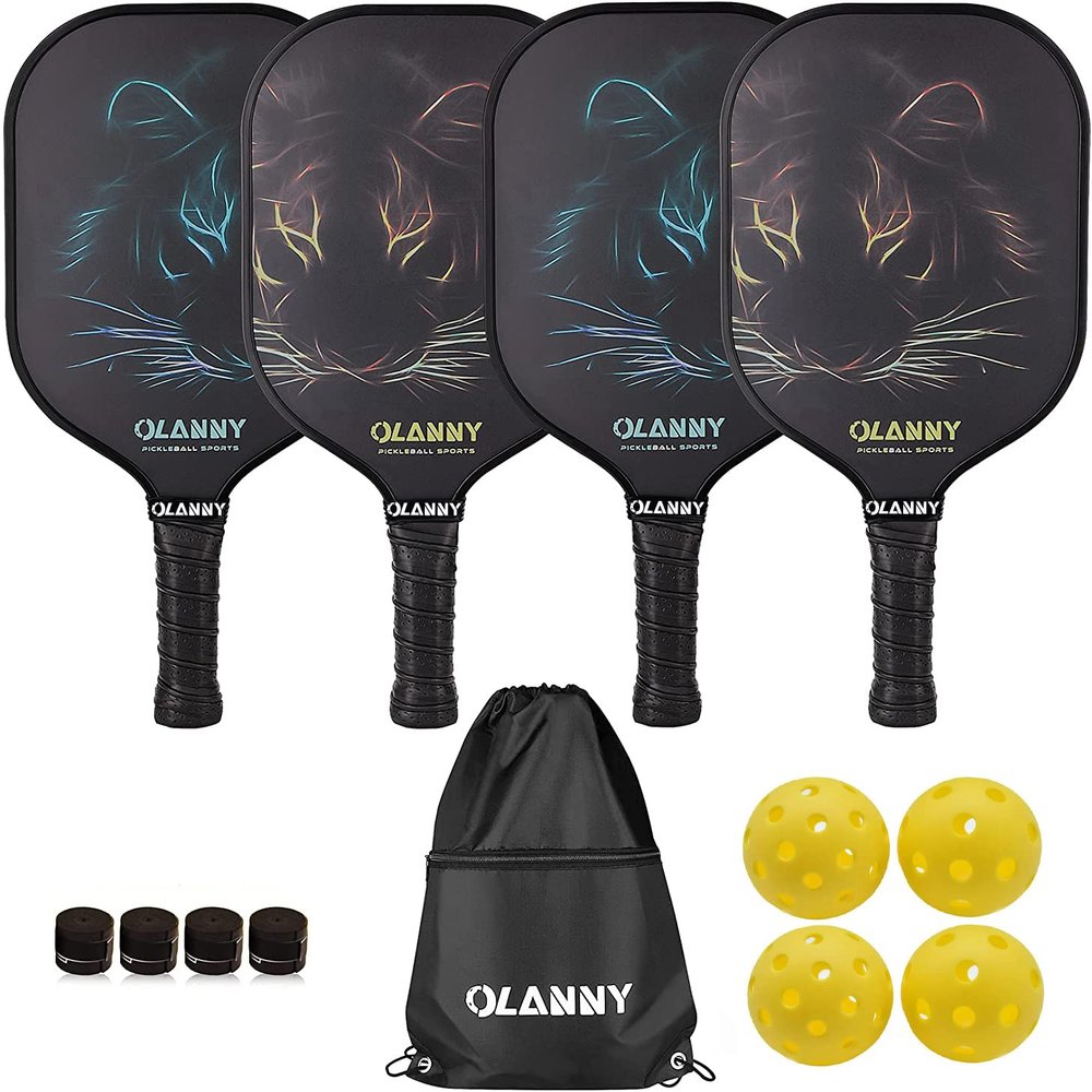 OLANNY Pickle Ball Raquette Set of 4 Lightweight Pickleball Paddle Set Premium Comfort Grip Polymer Honeycomb Core Set of Four Paddles,4 Replacement Soft Grip,4 Balls & Drawstring Bag